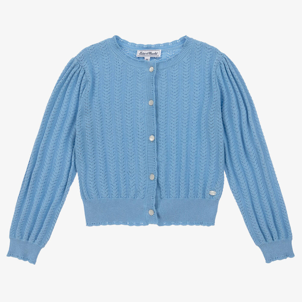 Tartine et Chocolat - Girls Blue Knitted Cotton Cardigan | Childrensalon