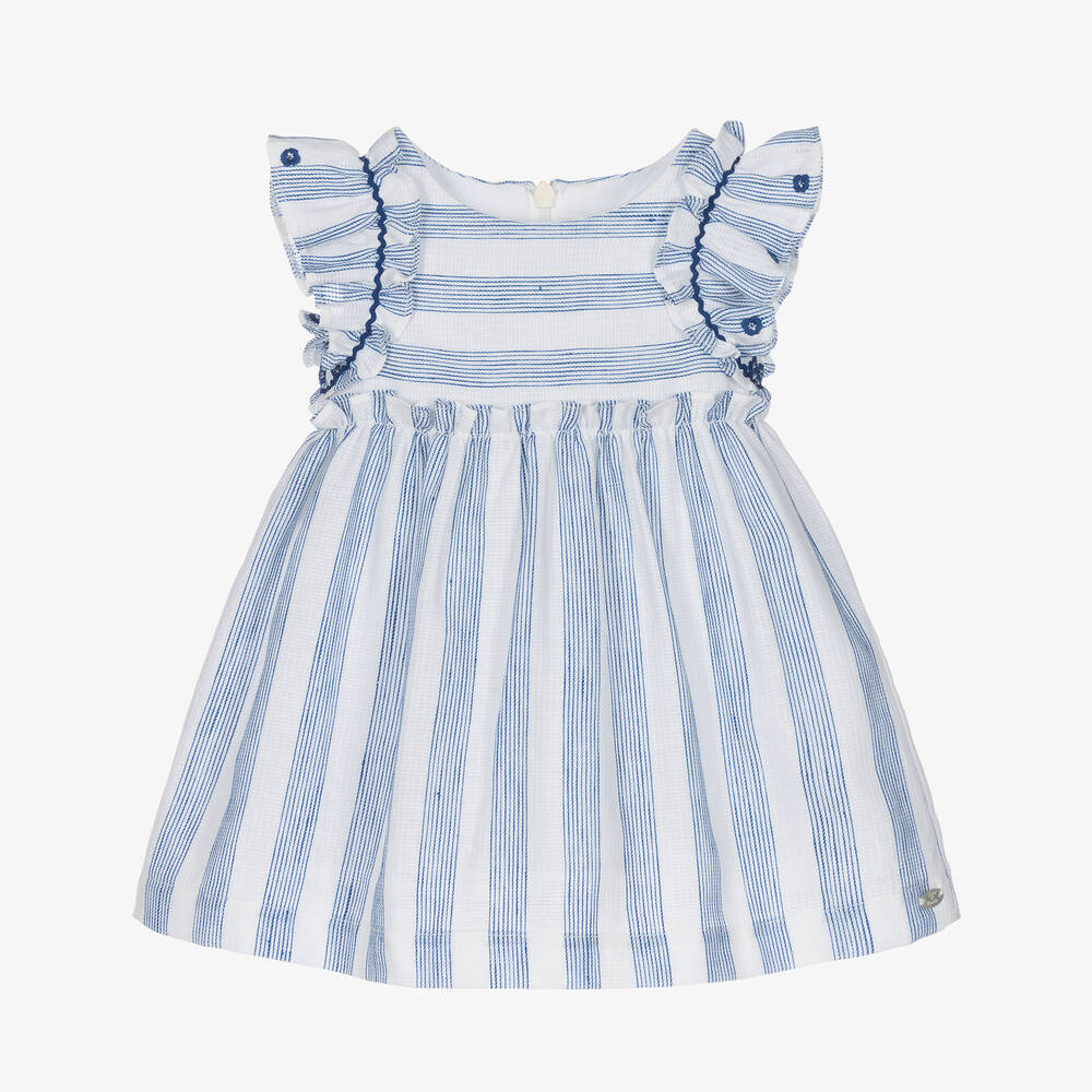 Tartine et Chocolat - Girls Blue Stripe Cotton & Linen Dress | Childrensalon