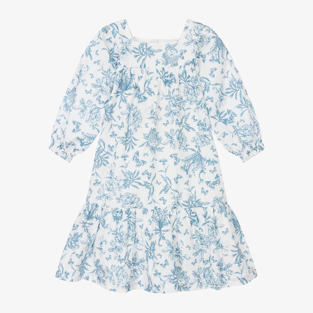 Tartine et Chocolat - Girls Blue Toile Du Jouy Cotton Dress | Childrensalon