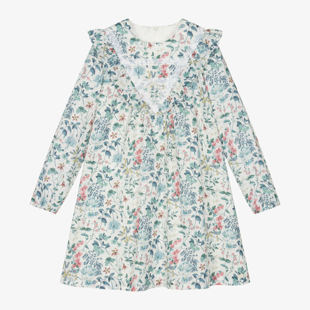 Tartine et Chocolat - Girls Blue & White Floral Cotton Dress | Childrensalon