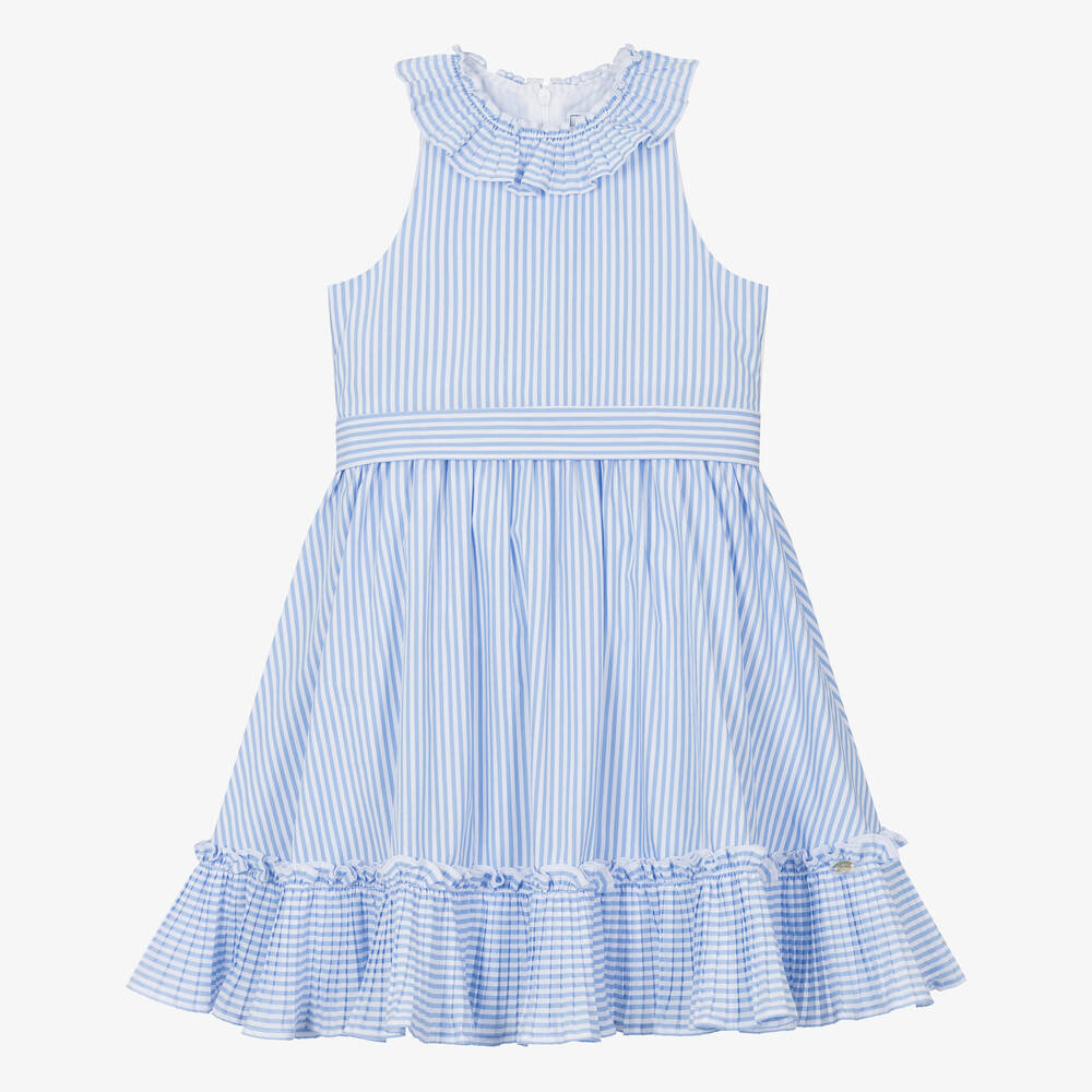 Tartine et Chocolat - Girls Blue & White Striped Cotton Dress | Childrensalon
