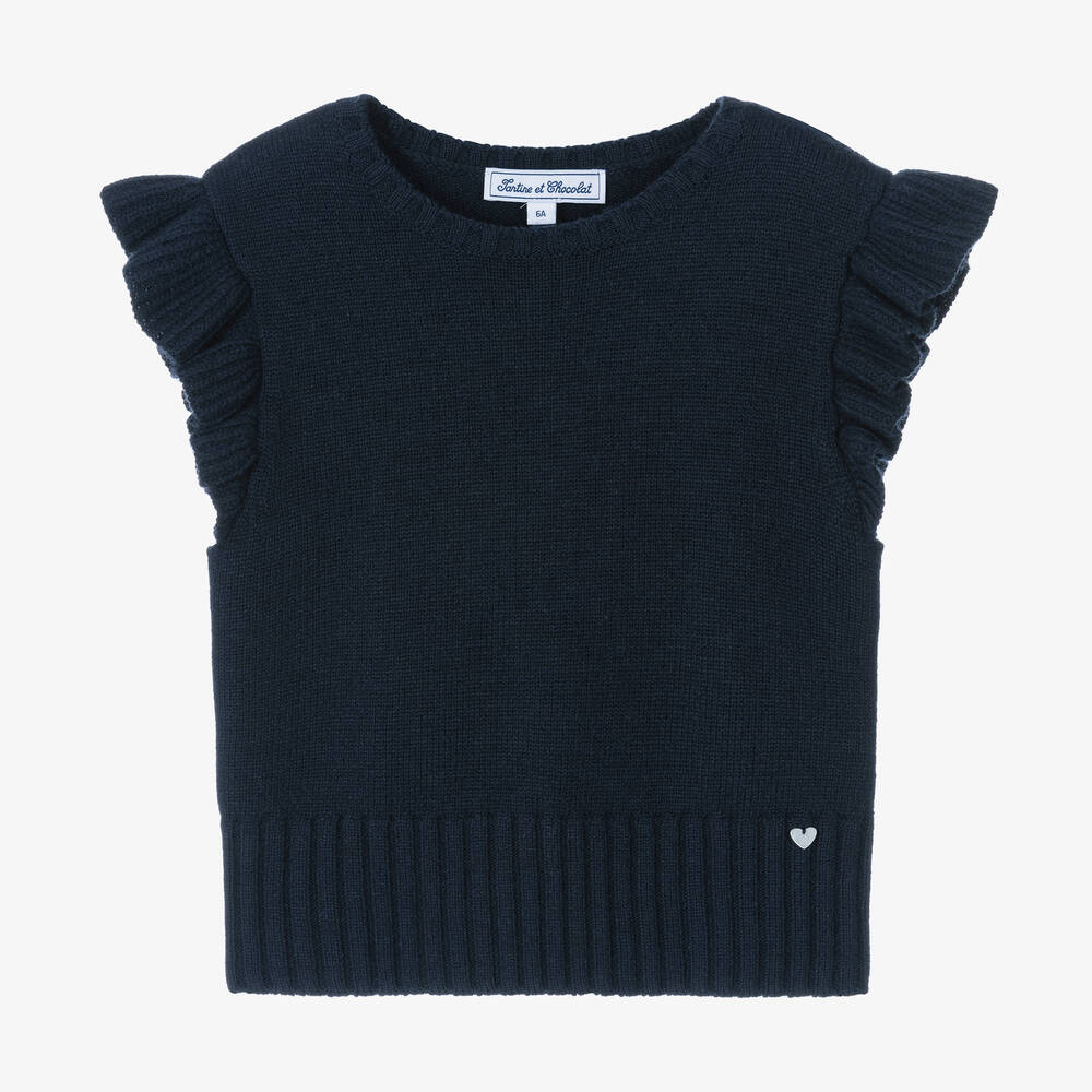 Tartine et Chocolat - Girls Blue Wool & Cashmere Tank Top | Childrensalon