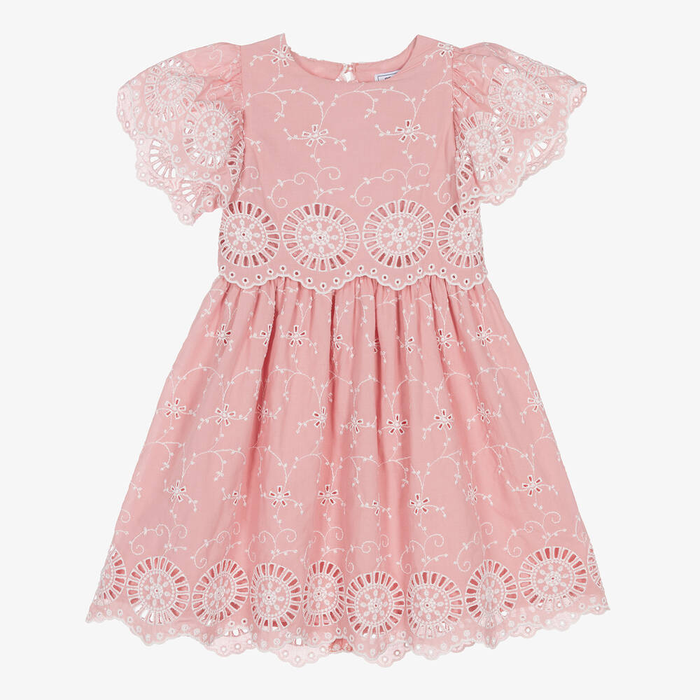 Tartine et Chocolat - Girls Dusky Pink Cotton Broderie Anglaise Dress | Childrensalon