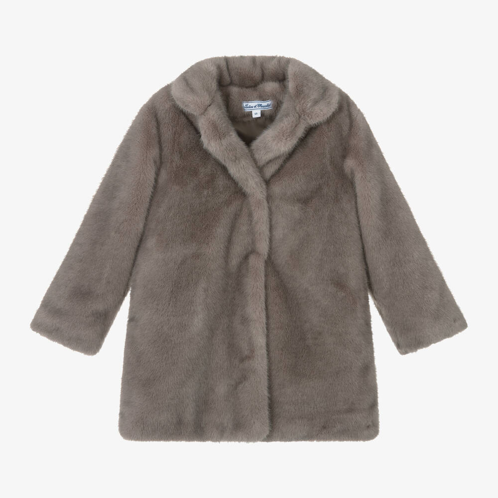 Tartine et Chocolat - Girls Grey Faux Fur Coat | Childrensalon