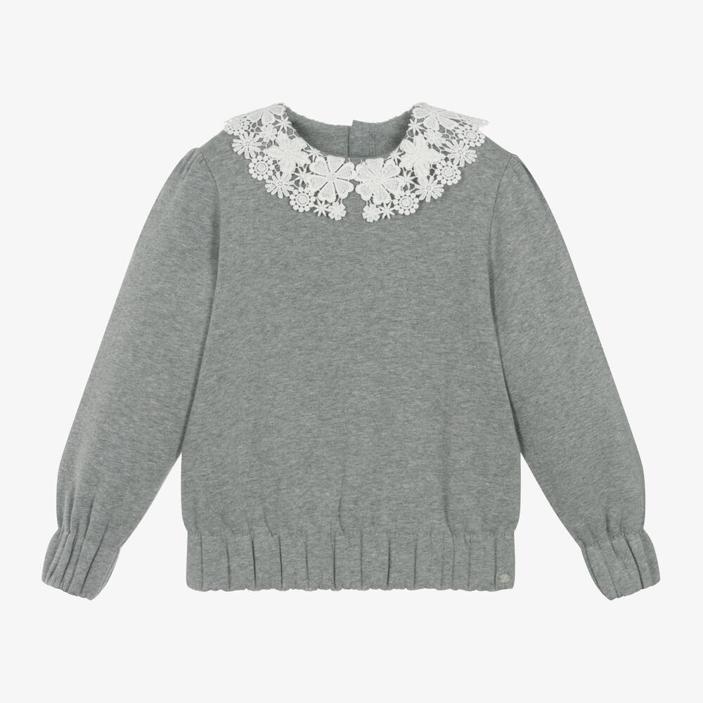 Tartine et Chocolat - Girls Grey Lace Collar Sweatshirt | Childrensalon