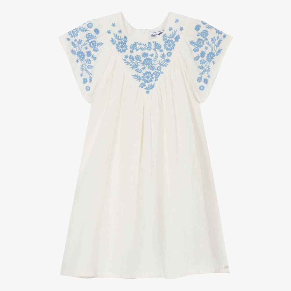 Tartine et Chocolat - Girls Ivory & Blue Floral Linen Dress | Childrensalon