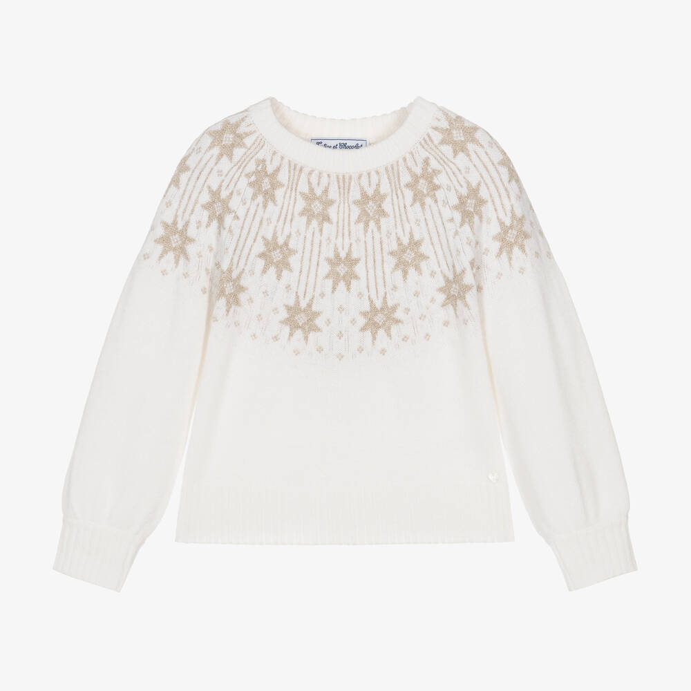 Tartine et Chocolat - Girls Ivory & Gold Star Wool Sweater | Childrensalon