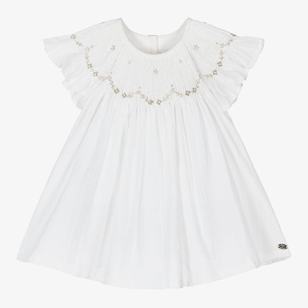 Tartine et Chocolat - Girls Ivory Hand-Embroidered Cotton Dress | Childrensalon