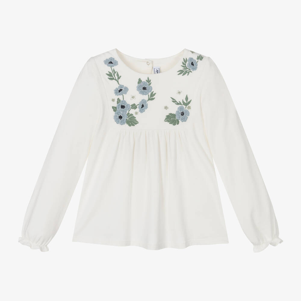 Tartine et Chocolat - Girls Ivory Jersey Embroidered Top | Childrensalon