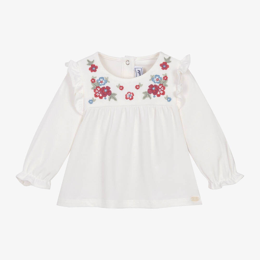 Tartine et Chocolat - Girls Ivory Jersey Embroidered Top | Childrensalon