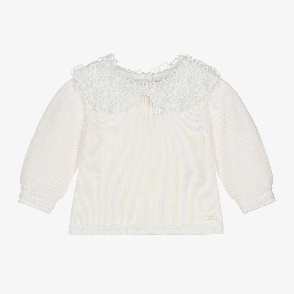 Tartine et Chocolat - Girls Ivory Wool & Floral Collar Sweater | Childrensalon