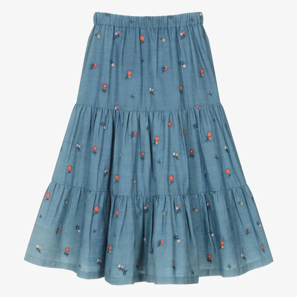 Tartine et Chocolat - Girls Long Blue Chambray Floral Skirt | Childrensalon