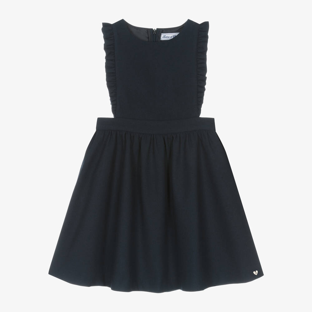 Tartine et Chocolat - Girls Navy Blue Flannel Pinafore Dress | Childrensalon