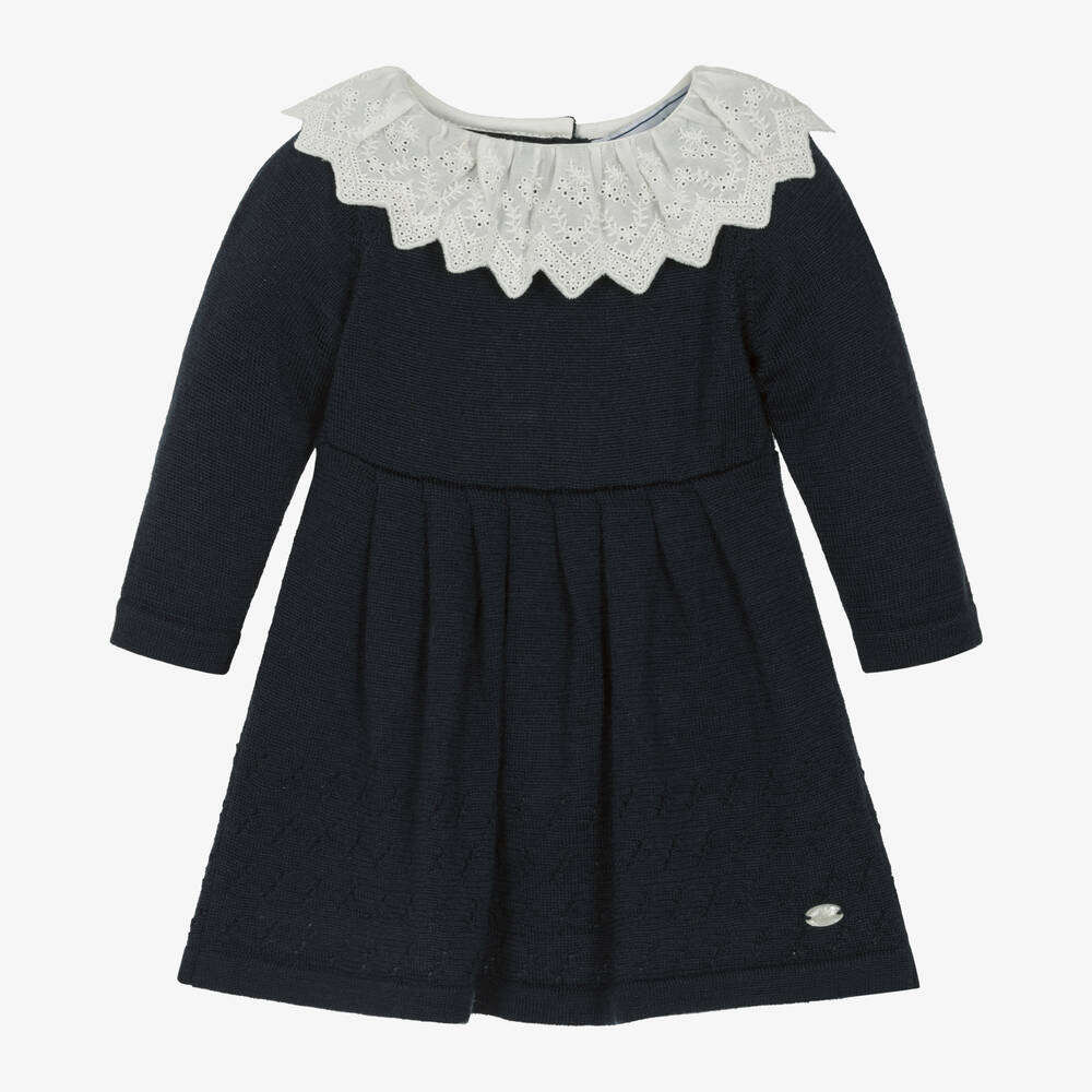 Tartine et Chocolat - Girls Navy Blue Pleated Wool-Knit Dress | Childrensalon
