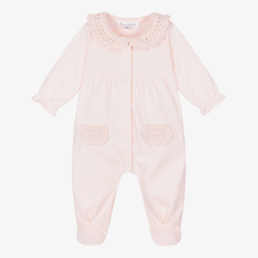 Tartine et Chocolat - Girls Pink Cotton Crocheted Babygrow | Childrensalon