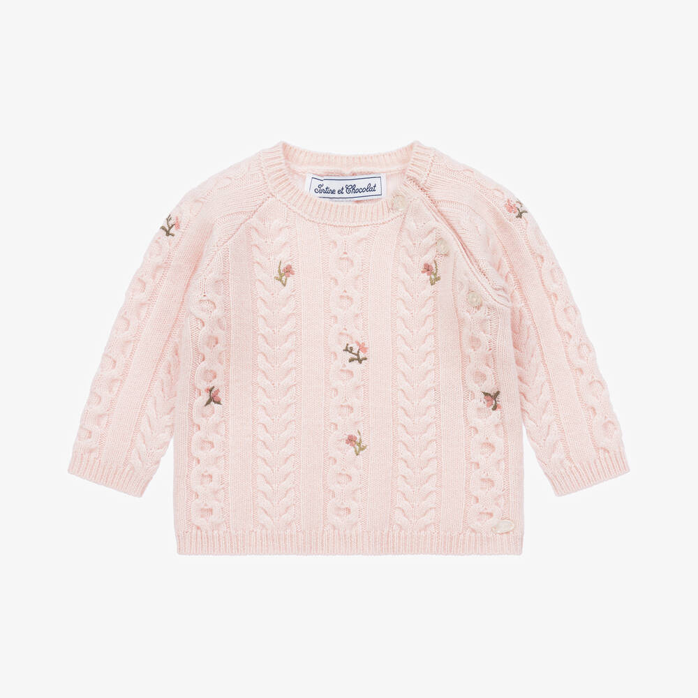 Tartine et Chocolat - Girls Pink Embroidered Wool Sweater | Childrensalon