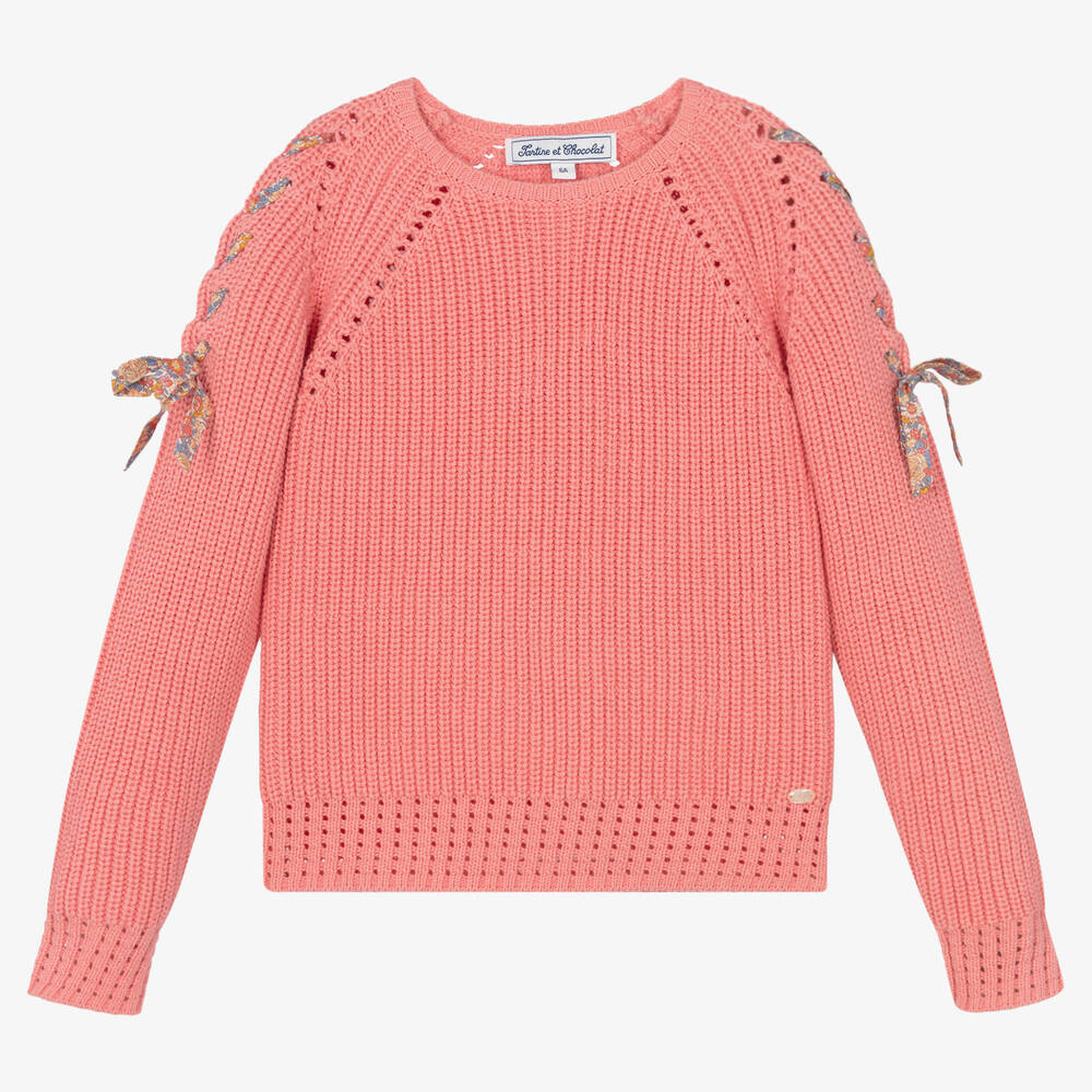Tartine et Chocolat - Girls Pink Knitted Ribbon Sweater | Childrensalon