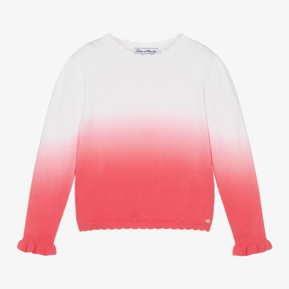 Tartine et Chocolat - Girls Pink Ombré Knitted Cotton Sweater | Childrensalon