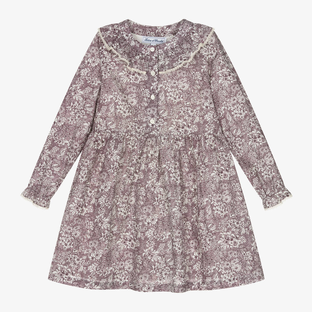 Tartine et Chocolat - Girls Purple Floral Cotton Dress | Childrensalon