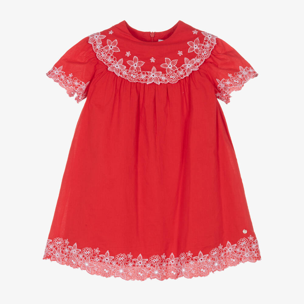 Tartine et Chocolat - Girls Red Cotton Embroidered Dress | Childrensalon