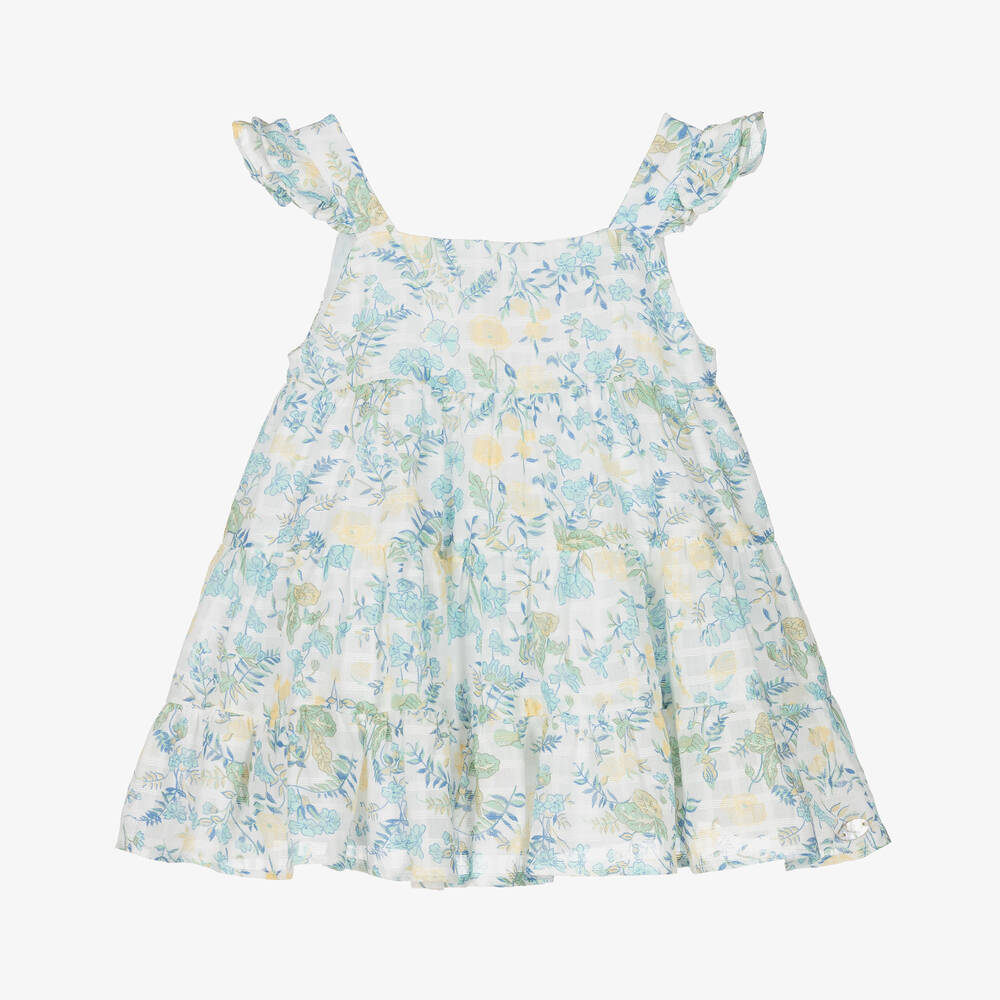 Tartine et Chocolat - Girls White & Blue Floral Cotton Dress | Childrensalon