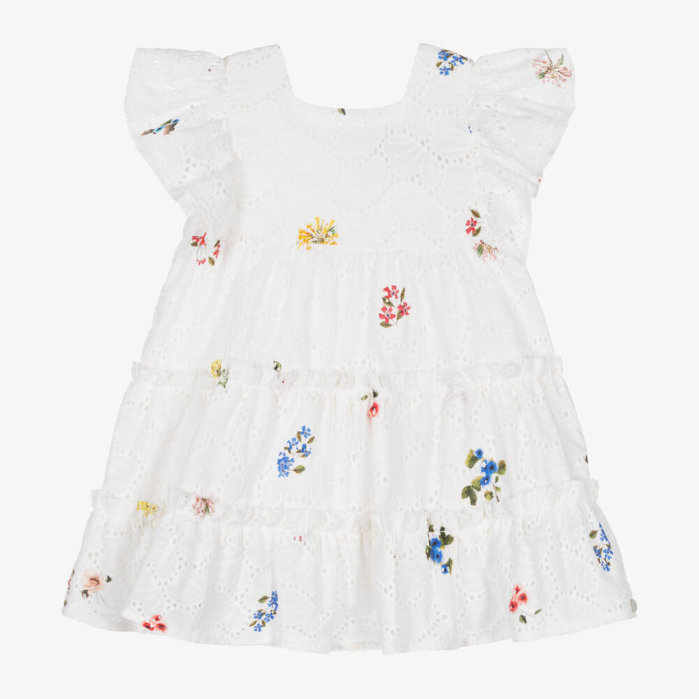 Tartine et Chocolat - Белое хлопковое платье с вышивкой английской гладью для девочек | Childrensalon