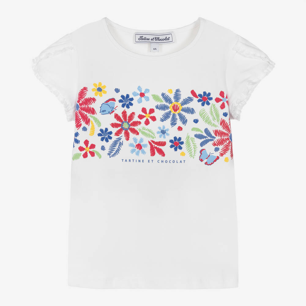 Tartine et Chocolat - Girls White Cotton Floral Print T-Shirt | Childrensalon