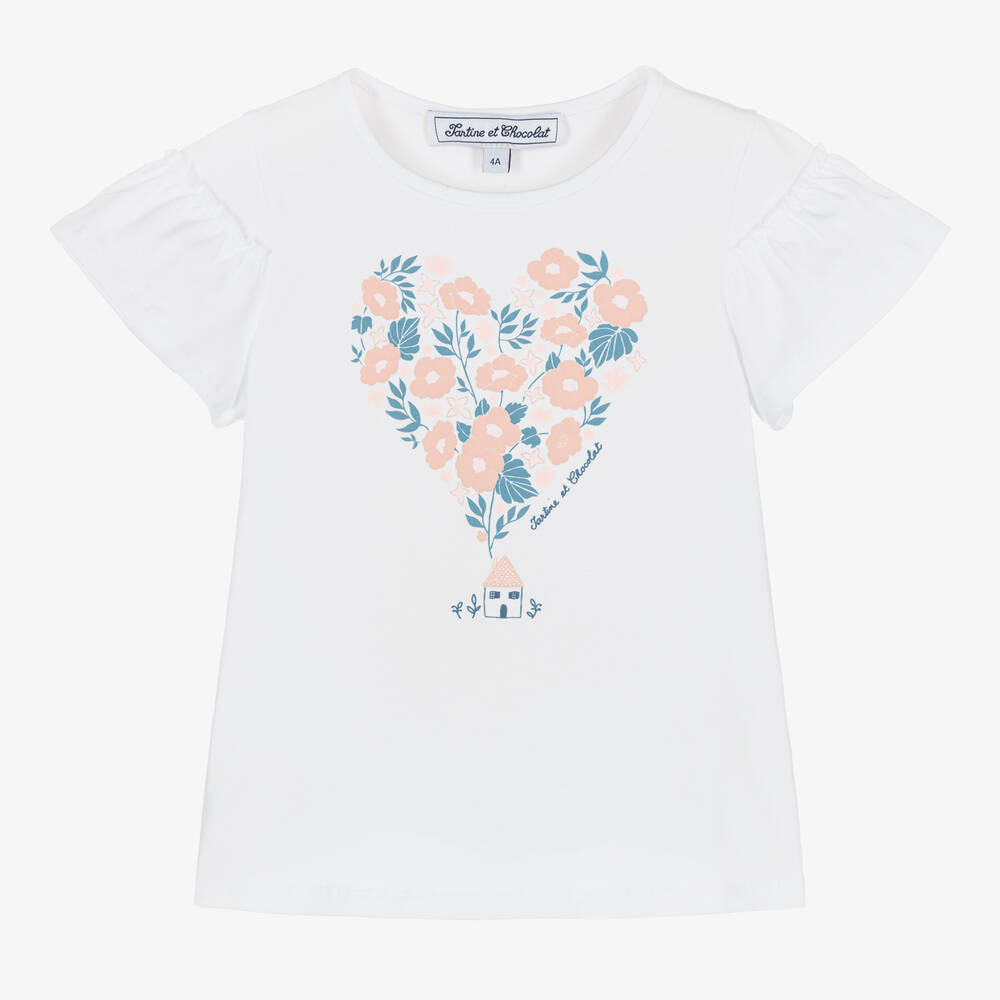 Tartine et Chocolat - Girls White Cotton Floral Print T-Shirt | Childrensalon