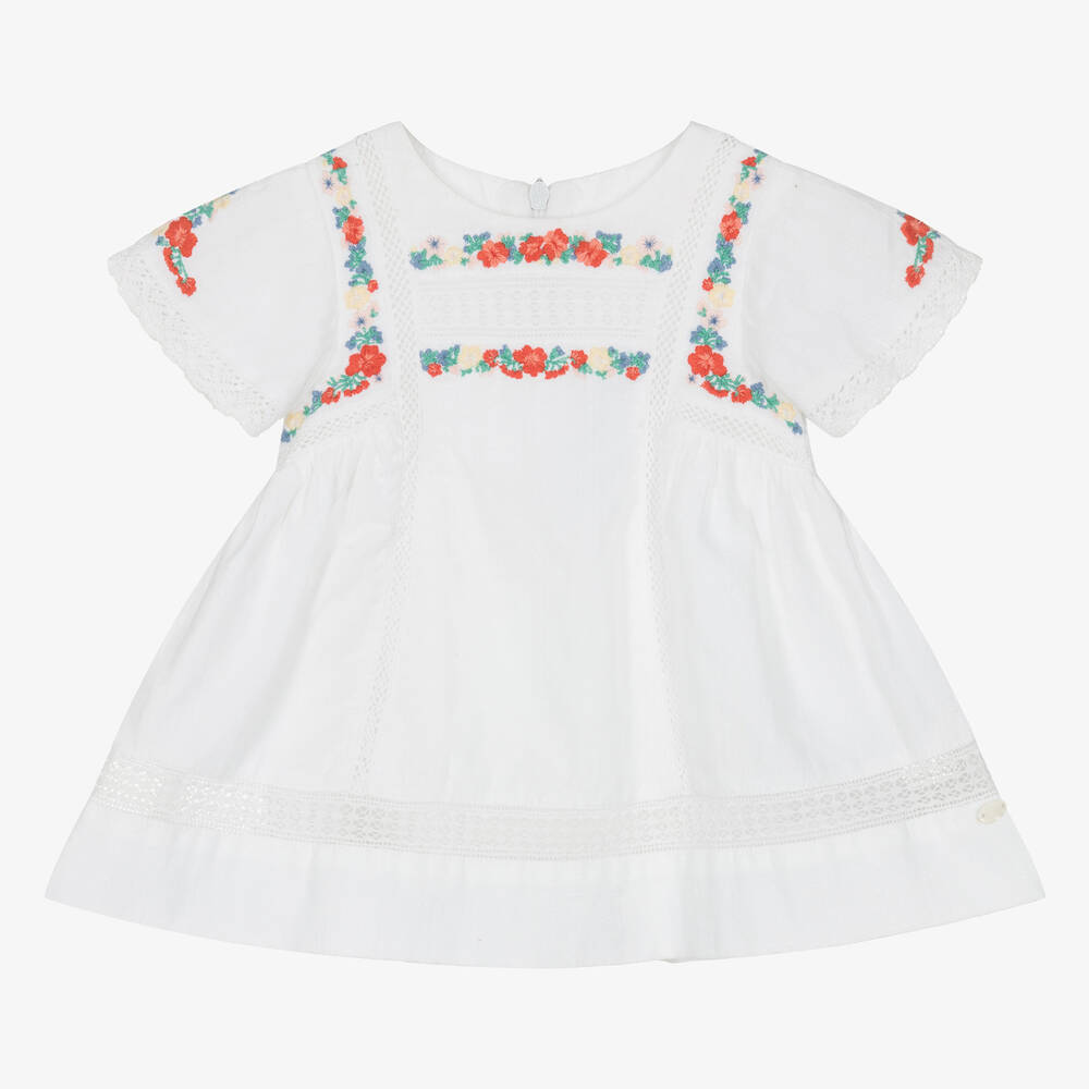 Tartine et Chocolat - Girls White Embroidered Cotton Dress  | Childrensalon
