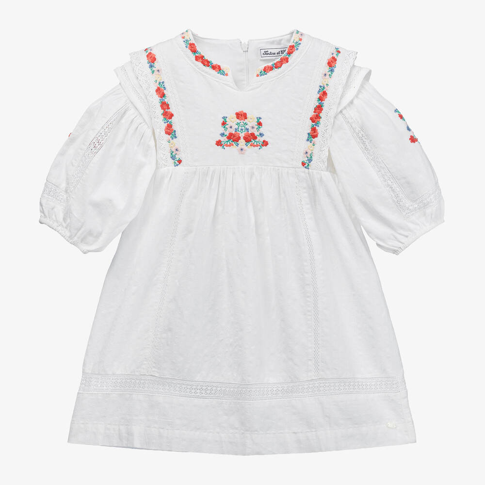 Tartine et Chocolat - Girls White Embroidered Floral Cotton Dress | Childrensalon