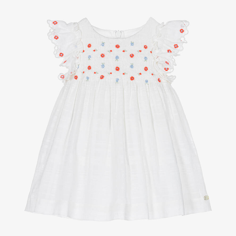 Tartine et Chocolat - Girls White Floral Smocked Dress  | Childrensalon