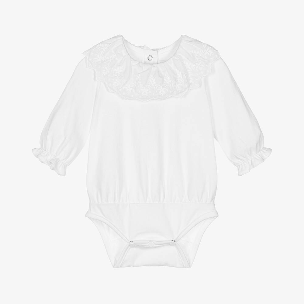 Tartine et Chocolat - Girls White Ruffle Collar Cotton Bodysuit | Childrensalon