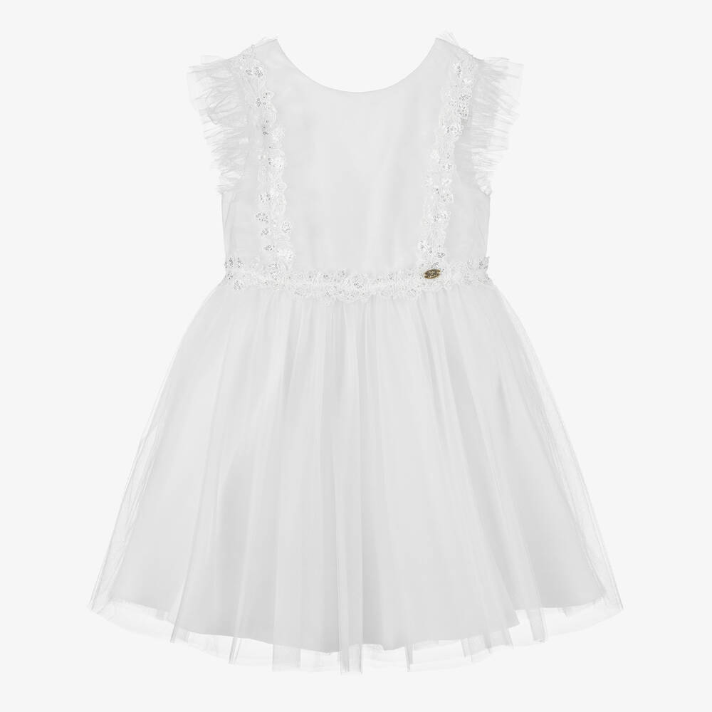 Tartine et Chocolat - Girls White Tulle & Lace Dress | Childrensalon