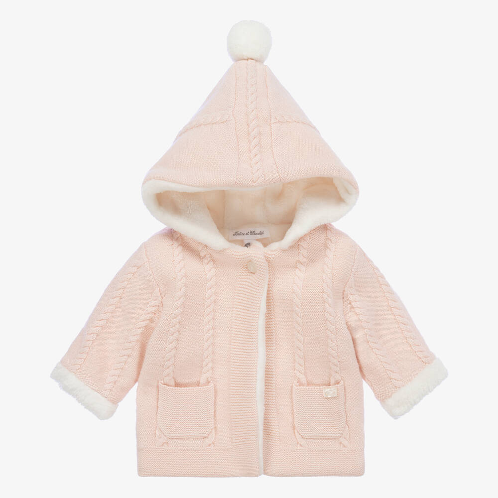 Tartine et Chocolat - Pink Wool & Cashmere Pom-Pom Pram Coat | Childrensalon