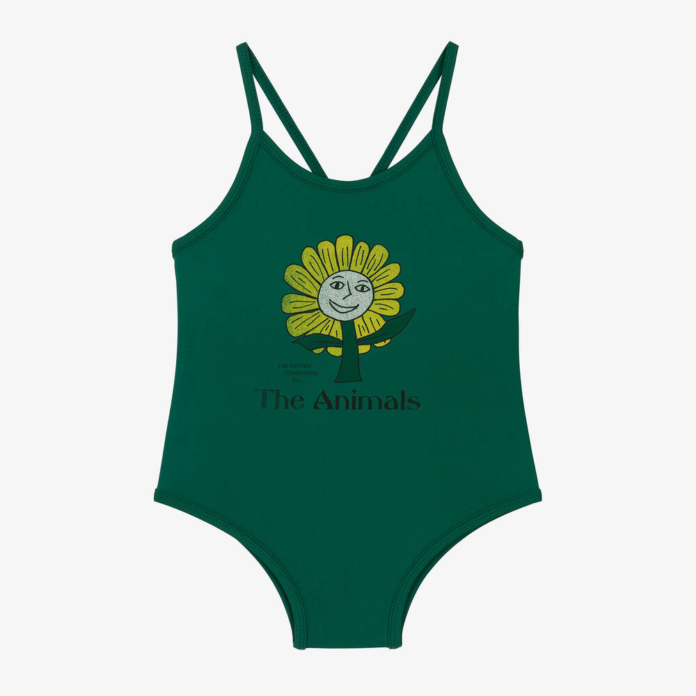 The Animals Observatory - Girls Green Flower Swimsuit (UPF50+) | Childrensalon