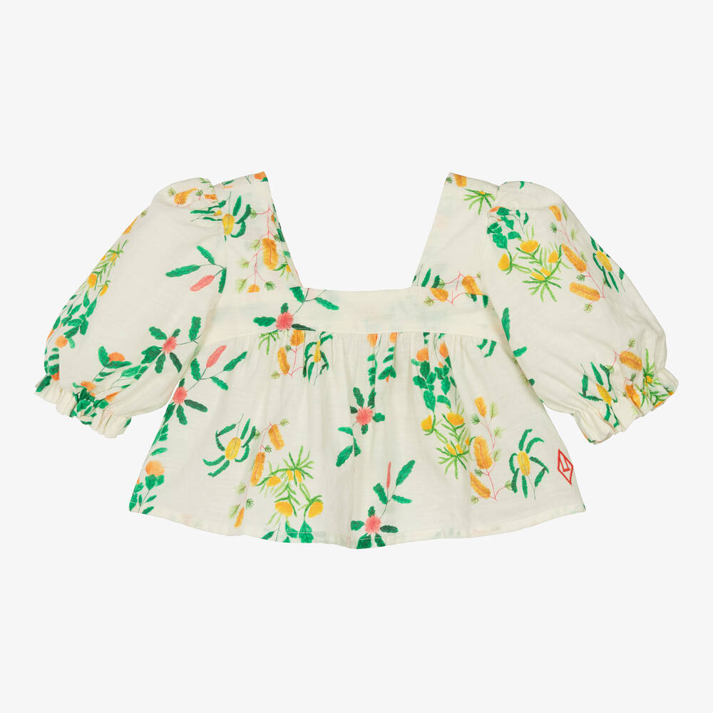 The Animals Observatory Kids' Girls White Cotton Floral Print Blouse