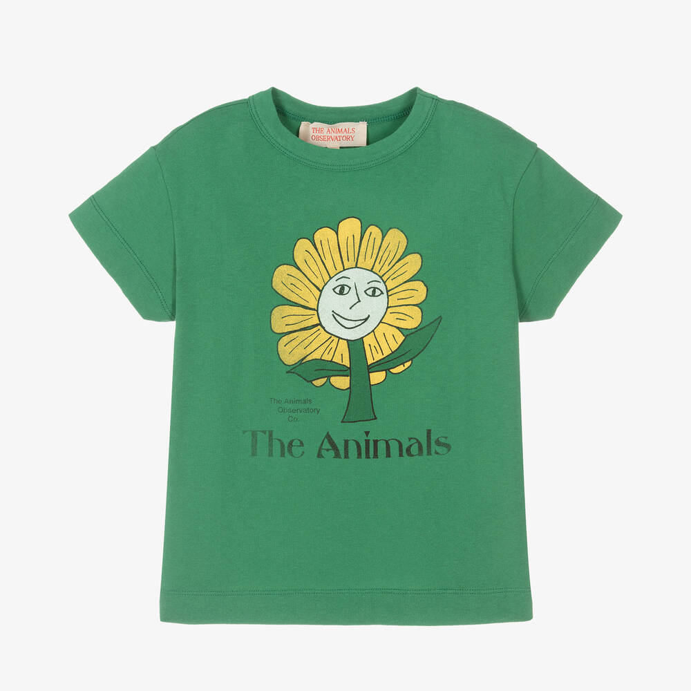 The Animals Observatory - Green Cotton Flower T-Shirt | Childrensalon