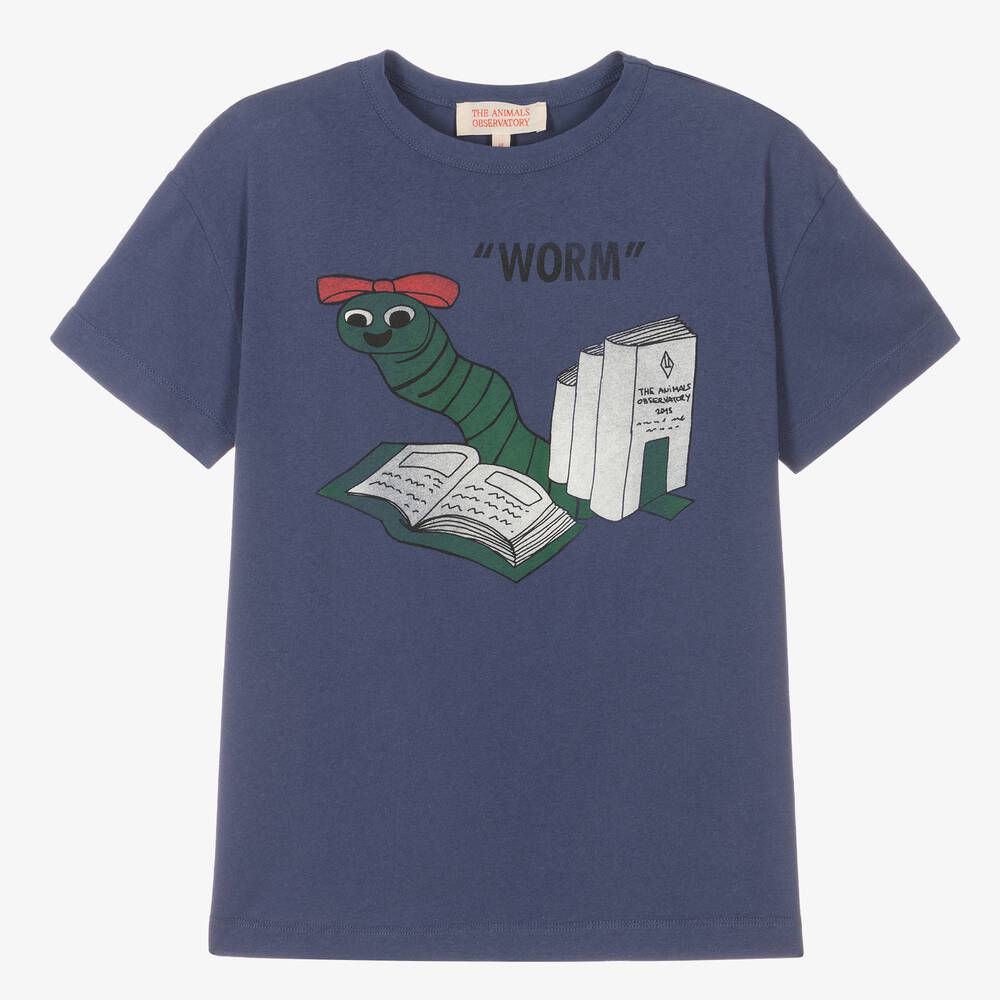 The Animals Observatory - Teen Blue Cotton Bookworm T-Shirt | Childrensalon