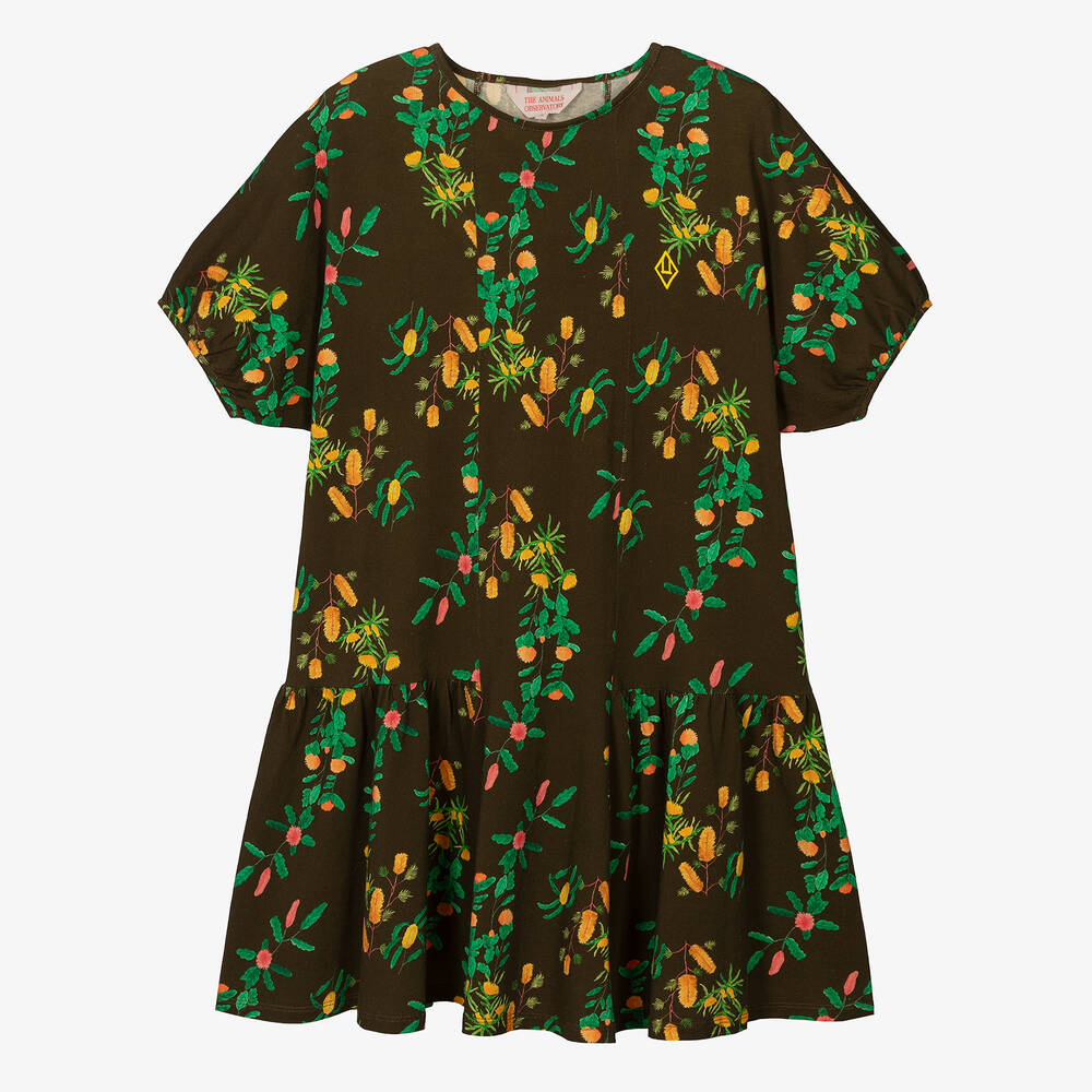 The Animals Observatory Teen Girls Brown Floral Cotton Dress