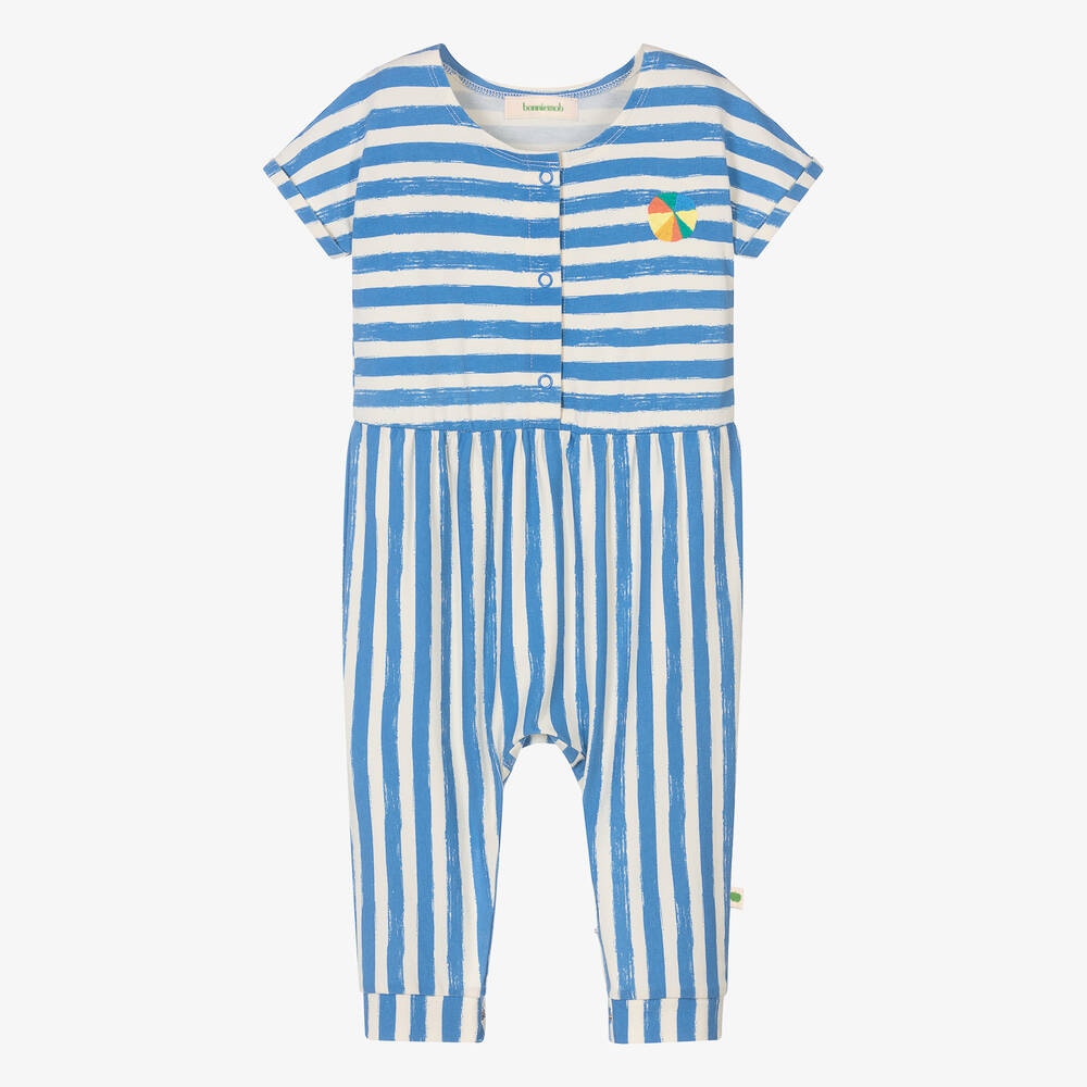 The Bonniemob - Blue Stripe Organic Cotton Baby Jumpsuit | Childrensalon