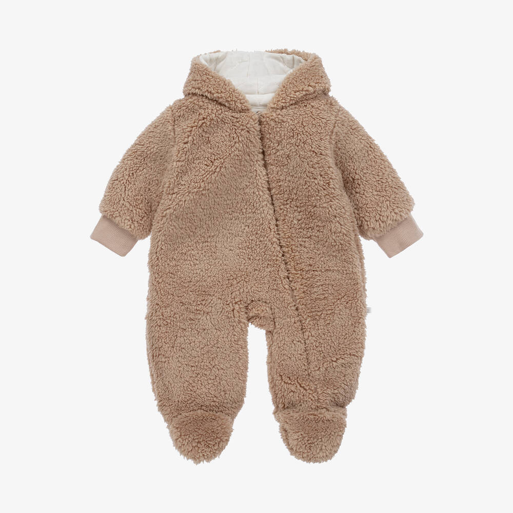The Little Tailor - Beige Teddy Fleece Pramsuit | Childrensalon