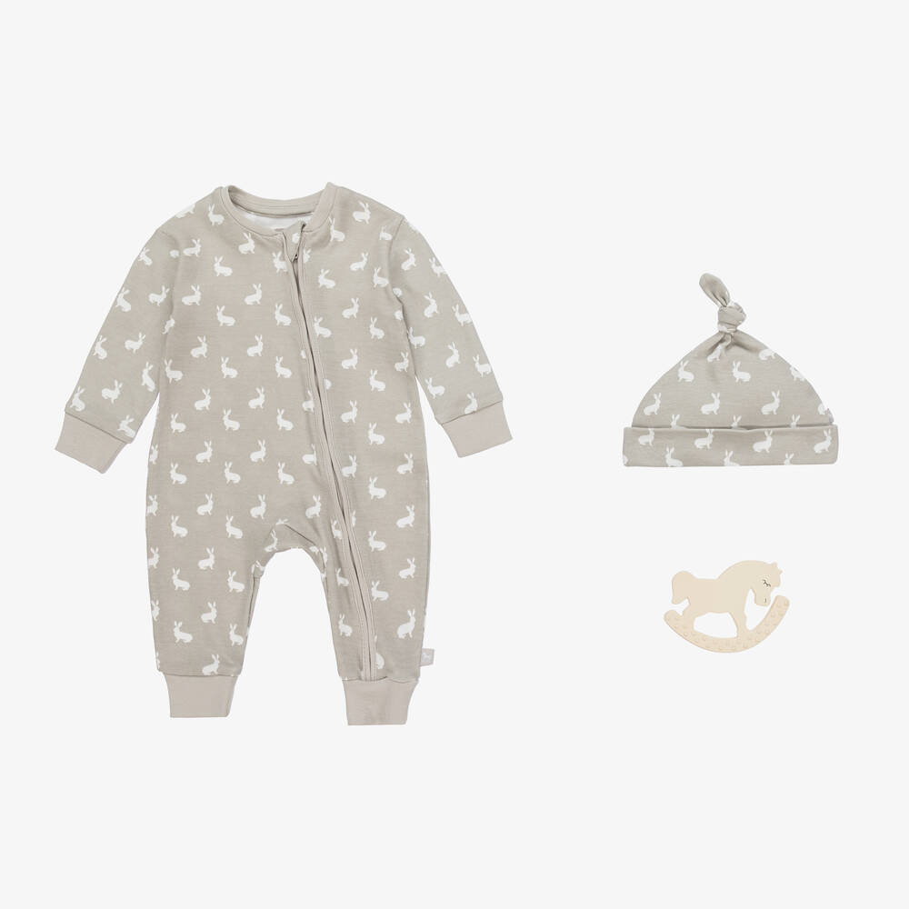The Little Tailor Grey Hare Print Cotton Babysuit Set