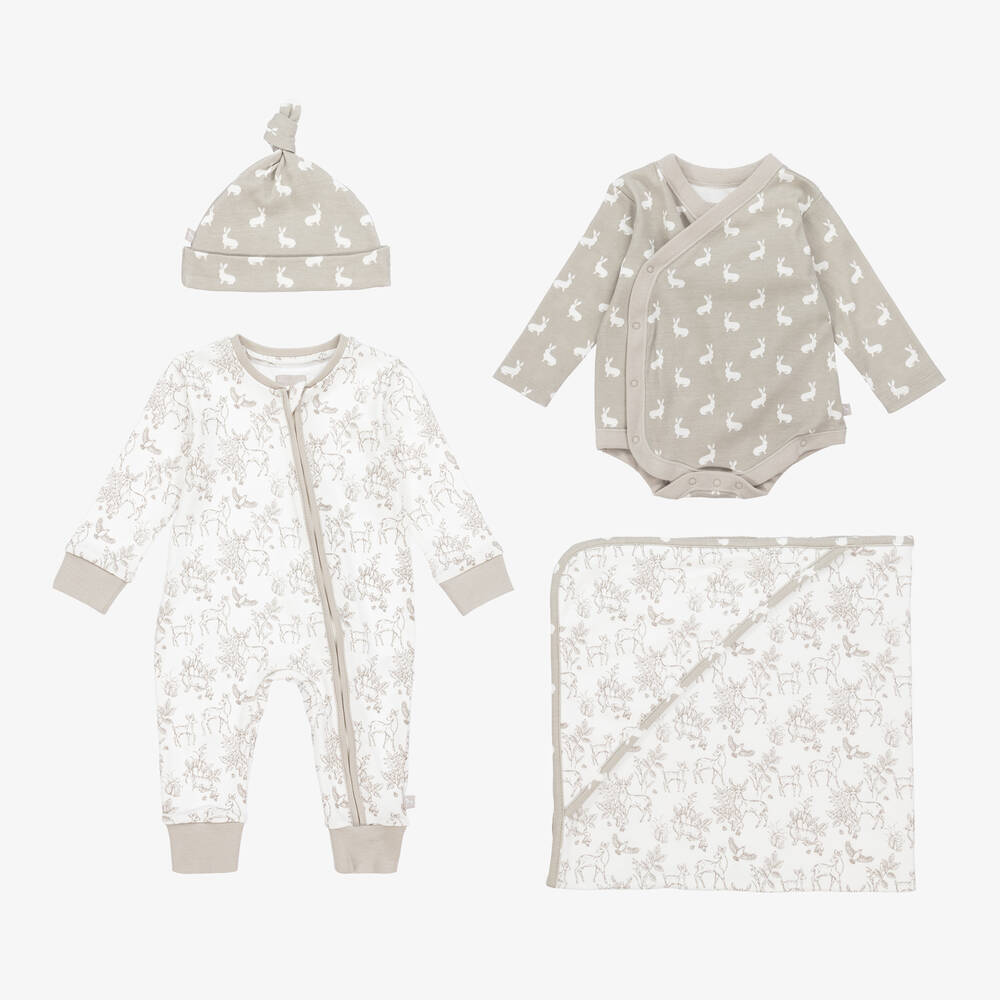The Little Tailor Grey Woodland Print Cotton Babysuit Set
