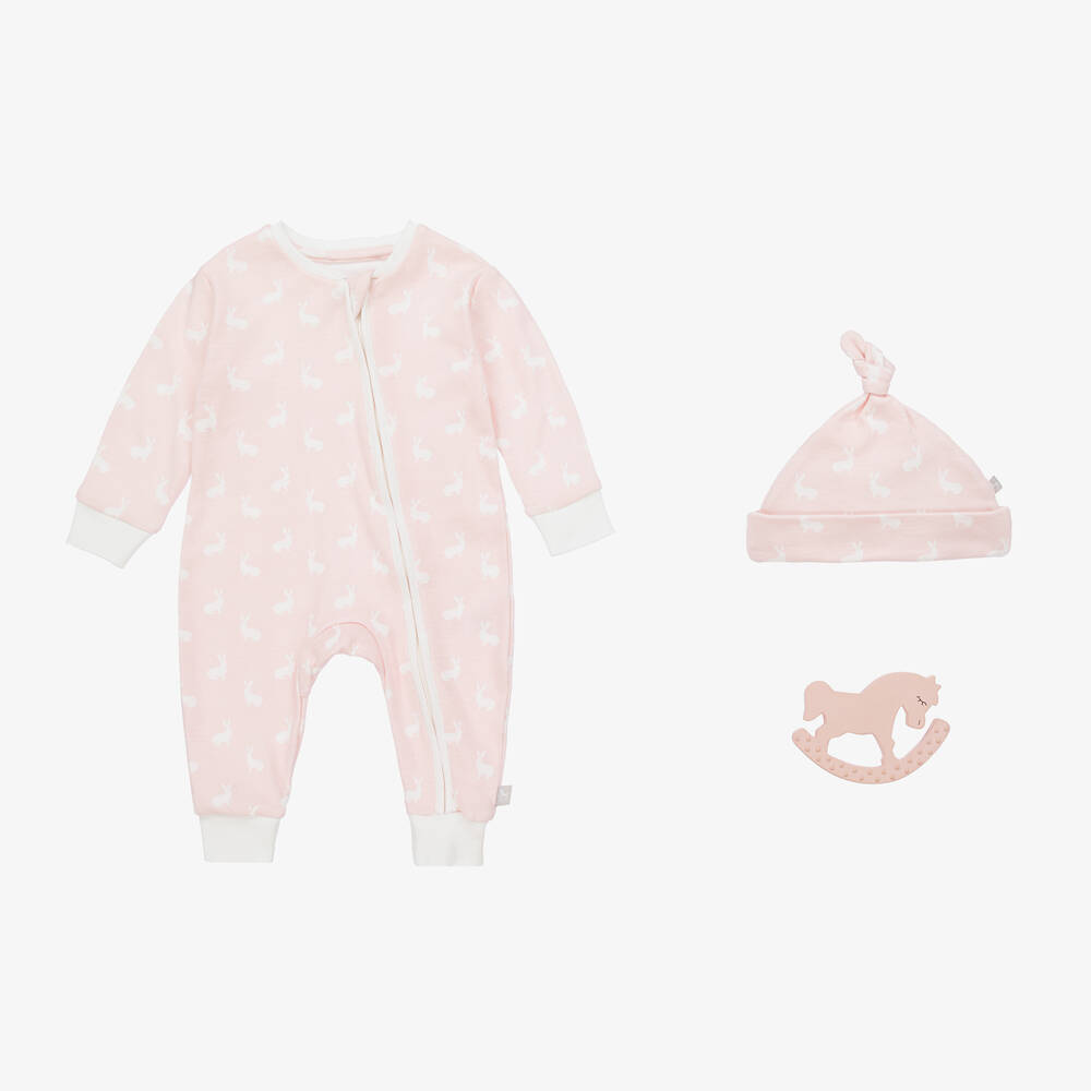 The Little Tailor Girls Pink Hare Print Cotton Babysuit Set