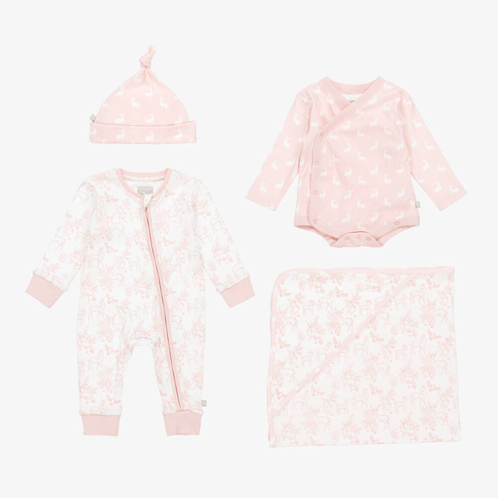 The Little Tailor Girls Pink Woodland Print Cotton Babysuit Set