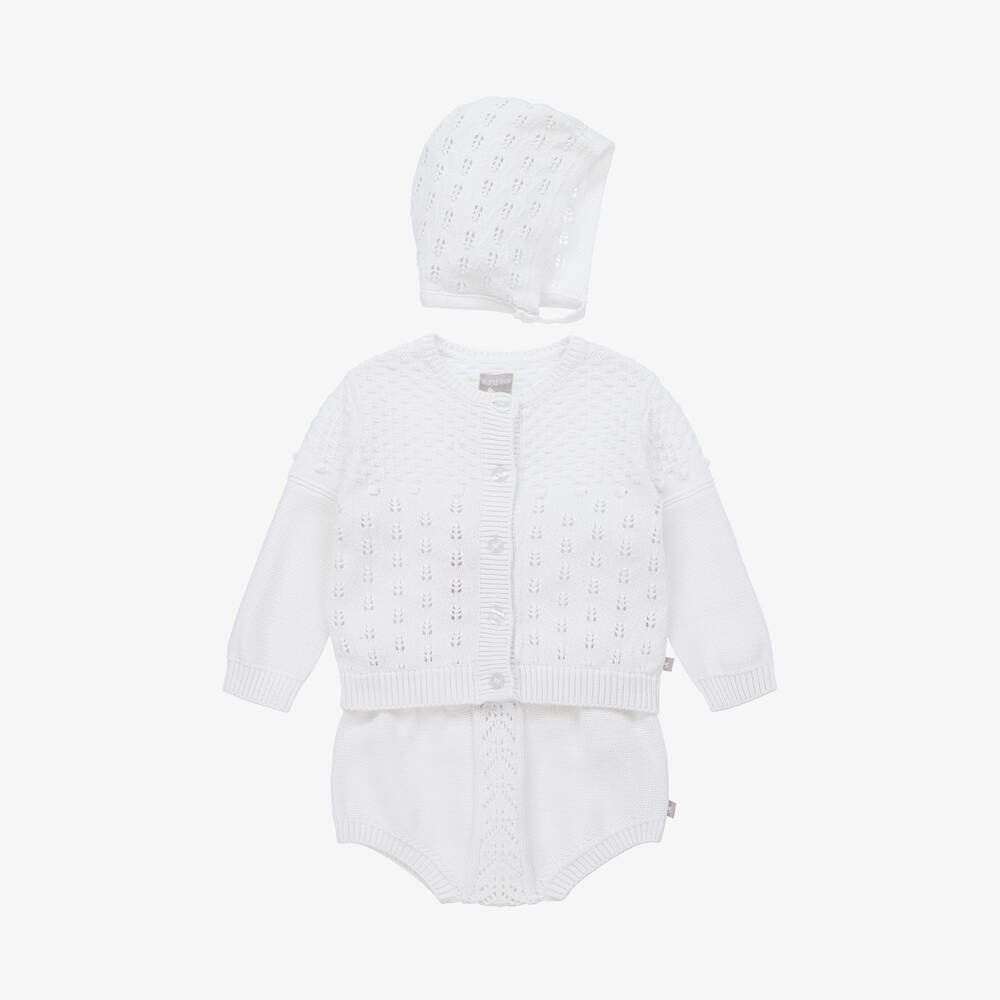 The Little Tailor - White Knitted Cotton Shorts Set | Childrensalon