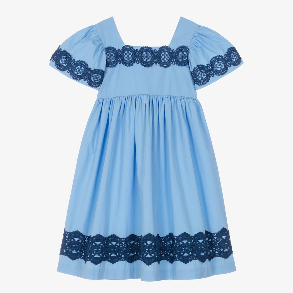 The Middle Daughter - Girls Blue Cotton & Lace Dress | Childrensalon