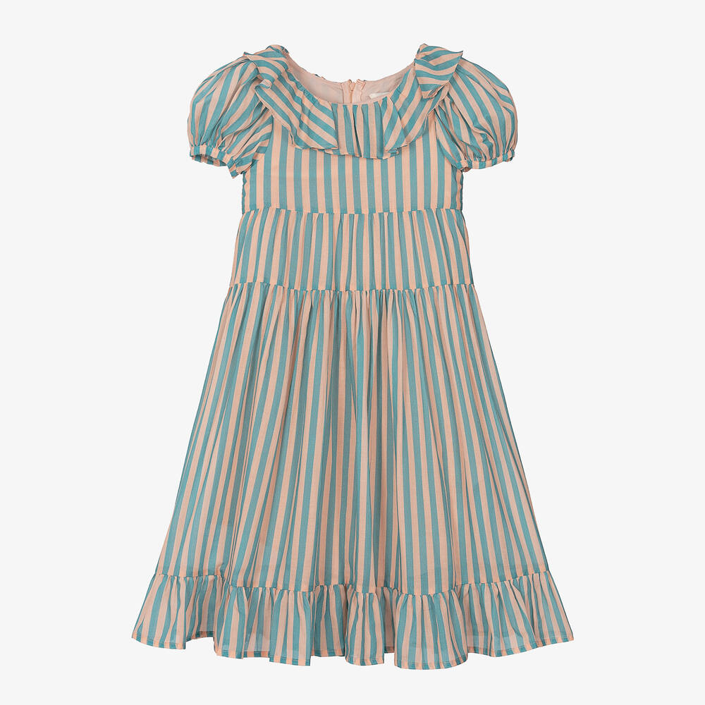 The Middle Daughter - Girls Blue & Pink Striped Cotton Dress | Childrensalon