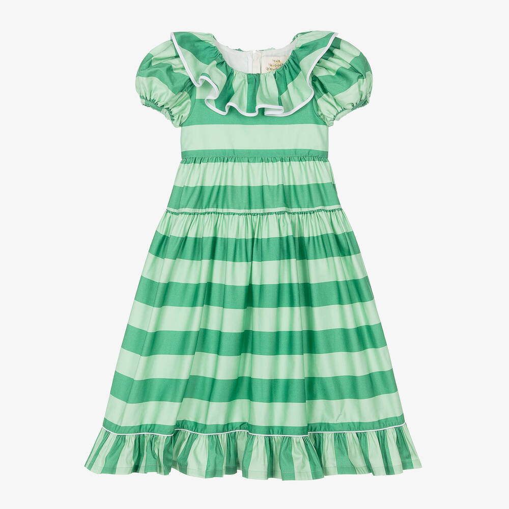 The Middle Daughter - Girls Green Striped Cotton Dress | Childrensalon