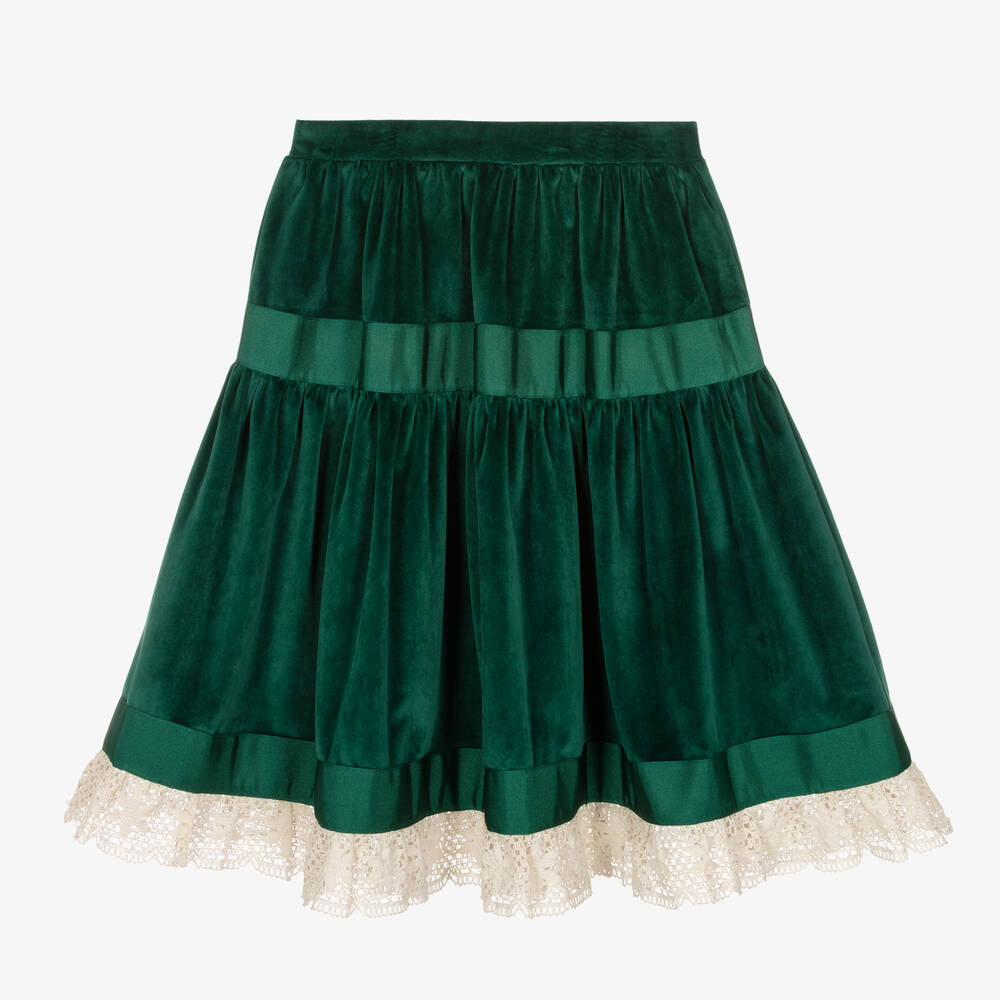The Middle Daughter - Girls Green Velvet & Lace Skirt | Childrensalon
